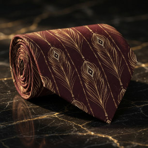 Elegant Burgundy & Gold Peacock Feather Tie