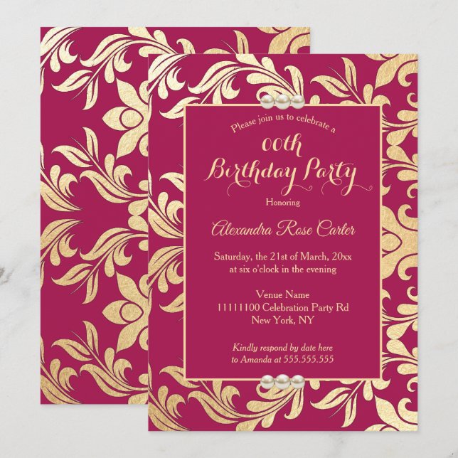 Elegant Burgundy Gold Pearl floral Birthday Party Invitation (Front/Back)