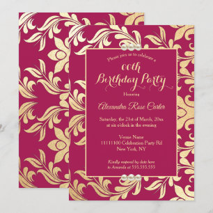 Elegant Burgundy Gold Pearl floral Birthday Party Invitation