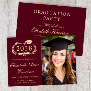 Elegant Burgundy Gold Photo Graduation Party Invitation
