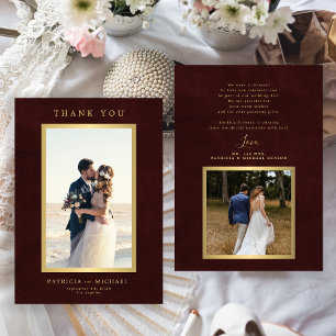 Elegant burgundy gold photo wedding thank you card