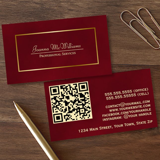 Elegant Burgundy & Gold Professional QR Code Business Card (Creator Uploaded)