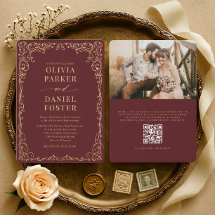 Elegant Burgundy Gold QR Code Photo Wedding Invitation
