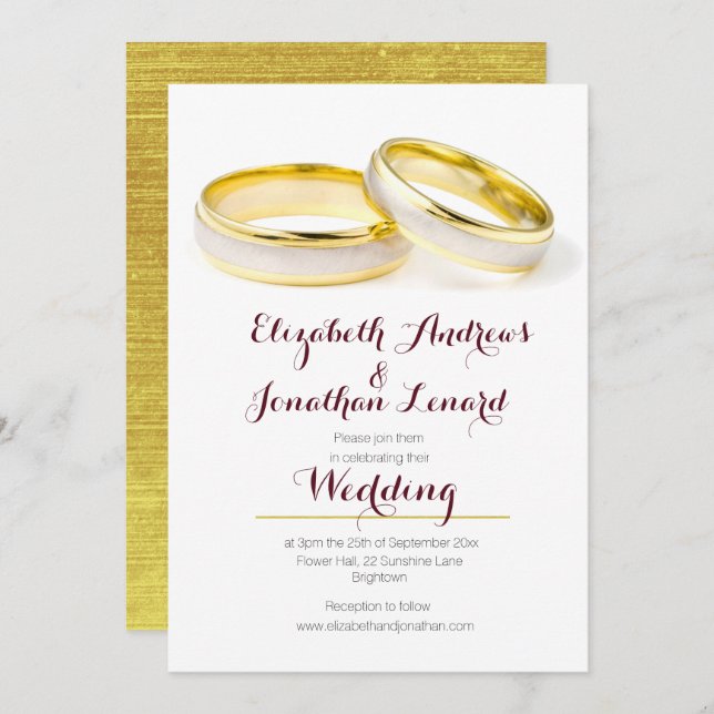 Elegant Burgundy Gold Rings Wedding Invite (Front/Back)