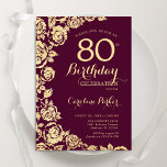 Elegant Burgundy Gold Roses 80th Birthday Invitation<br><div class="desc">Burgundy gold floral 80th birthday party invitation. Elegant design featuring roses,  faux gold foil and typography script font. Trendy invite card perfect for a stylish female bday celebration. Can be customized to any age. Printed Zazzle invitations or instant download digital printable template.</div>
