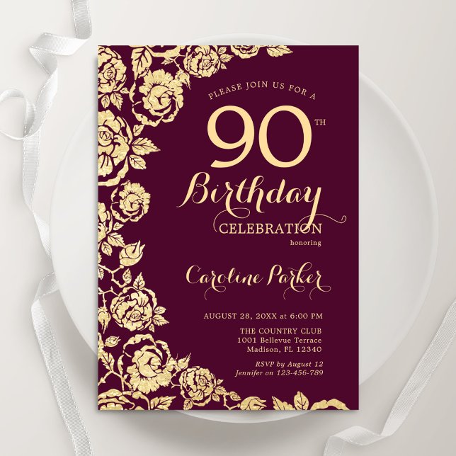Elegant Burgundy Gold Roses 90th Birthday Invitation (Creator Uploaded)