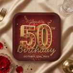 Elegant Burgundy Gold Ruby Gem 50th Birthday Party Paper Plate<br><div class="desc">Celebrate a milestone fiftieth in luxurious style with this elegant burgundy and gold 50th birthday party paper plate. Featuring stunning 3D gold typography encrusted with ruby red gems, this design is surrounded by festive gold ribbons and glowing confetti over a rich, dark red background. Perfect for a glamorous women's 50th...</div>