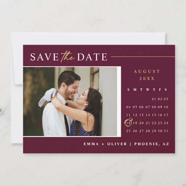 Elegant Burgundy Gold Save the Date Calendar Photo Invitation (Front)