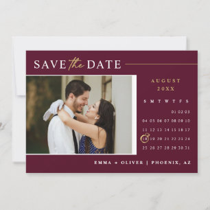 Elegant Burgundy Gold Save the Date Calendar Photo Invitation