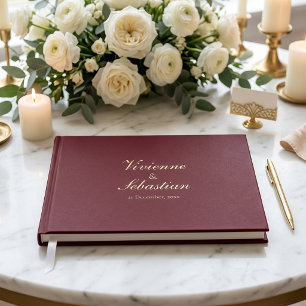 Elegant Burgundy Gold Script Minimalist Wedding Guest Book