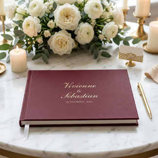 Elegant Burgundy Gold Script Minimalist Wedding Guest Book