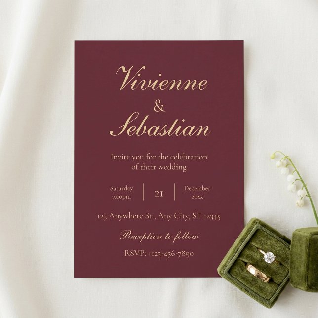 Elegant Burgundy Gold Script Minimalist Wedding Invitation (Elegant Burgundy Gold Script Minimalist Wedding Invitation)