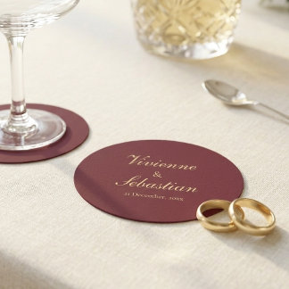 Elegant Burgundy Gold Script Minimalist Wedding Round Paper Coaster