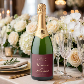Elegant Burgundy Gold Script Minimalist Wedding Sparkling Wine Label
