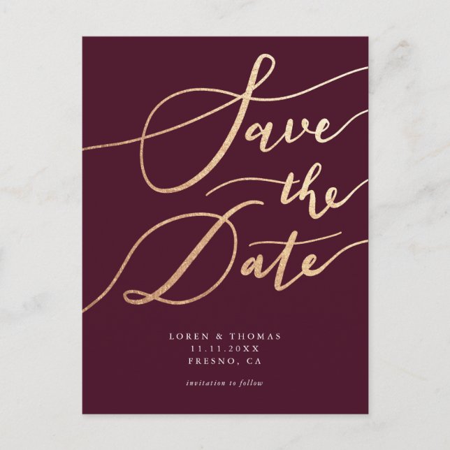 Elegant Burgundy Gold Script Wedding Save the Date Announcement Postcard (Front)