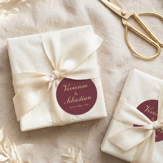 Elegant Burgundy Gold Script Wedding Stickers