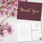 Elegant Burgundy Gold Script Wedding Thank You Postcard<br><div class="desc">Create your own custom,  personalized,  dusty burgundy and faux gold thank you note postcard. Simply enter your message / thank you note. Elegant thank you note postcard for use on wedding,  marriage anniversary,  birthday,  graduation,  bridal shower,  baby shower,  holidays,  or any other special occasion related mailings.</div>