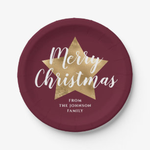 Elegant Burgundy Gold Star Merry Christmas Paper Plate
