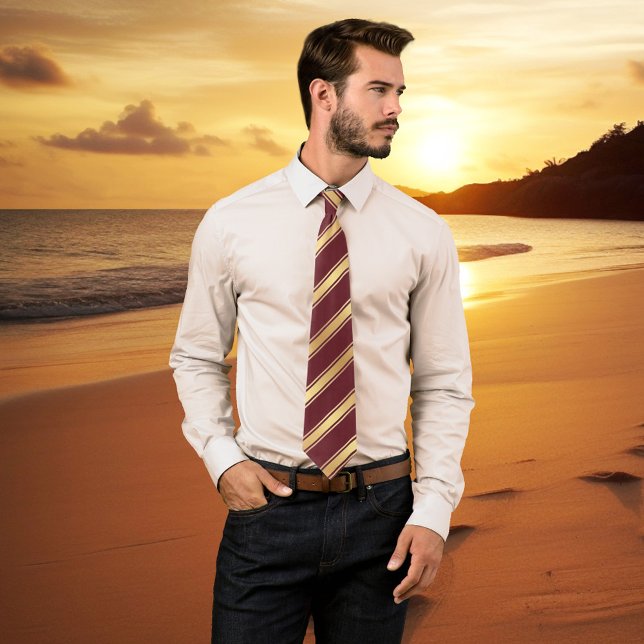 Elegant Burgundy Gold Striped Wedding Groom Tie (Elegant tie featuring a gold striped design on burgundy.)