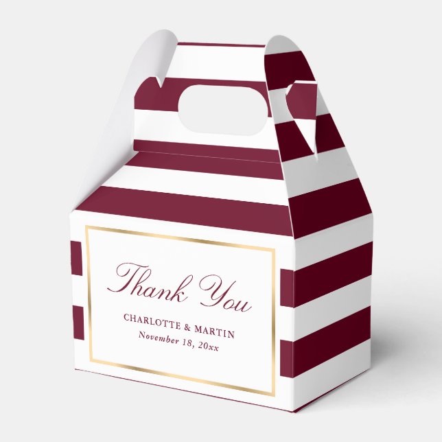 Elegant Burgundy Gold Stripes Wedding Thank You Favor Box (Front Side)