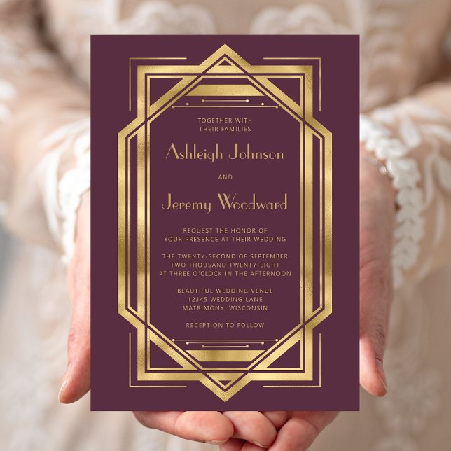 Elegant Burgundy Gold Vintage 1920s Deco Wedding Invitation (Creator Uploaded)