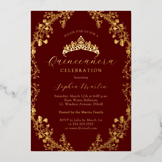 Elegant Burgundy Gold Vintage Quinceanera  (Front)