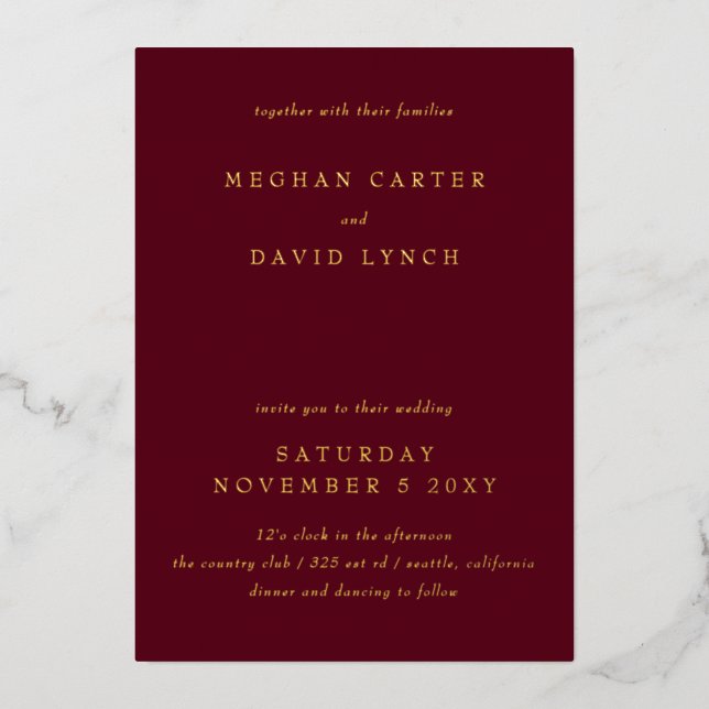 Elegant Burgundy Gold Wedding  Foil Invitation (Front)