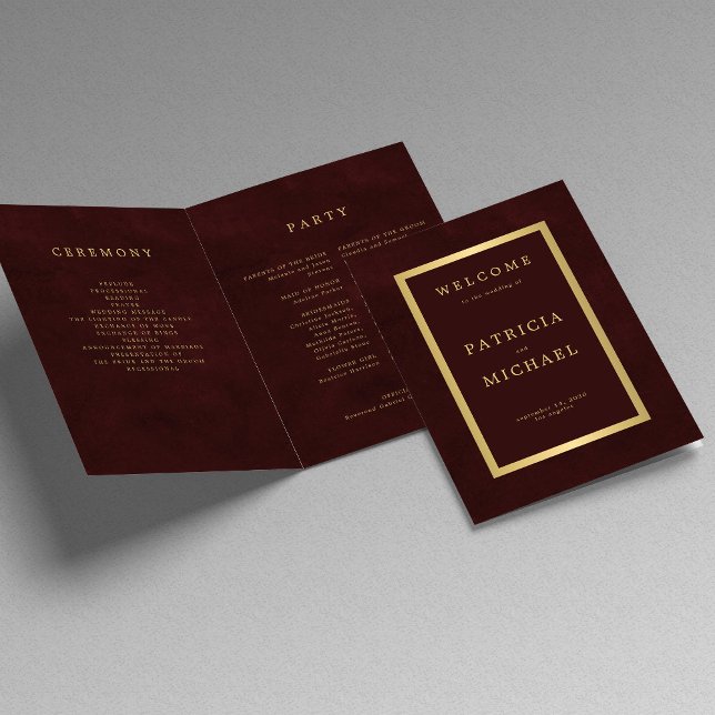 Elegant burgundy gold wedding folded program (Creator Uploaded)