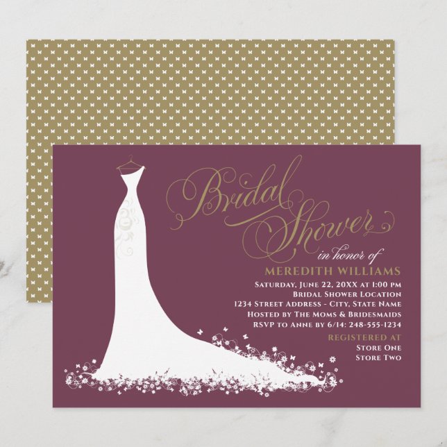 Elegant Burgundy Gold Wedding Gown Bridal Shower Invitation (Front/Back)