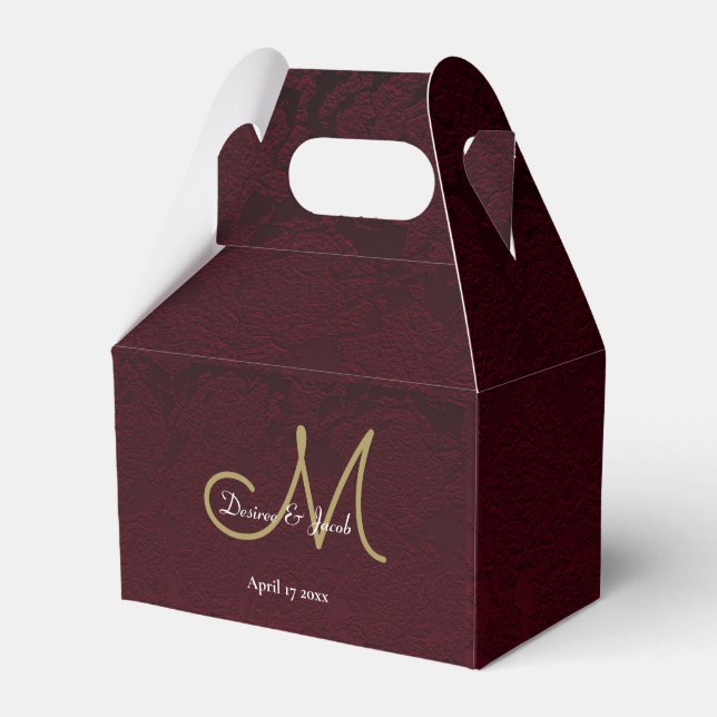 Elegant Burgundy Gold White Wedding Monogram Favor Box (Front Side)