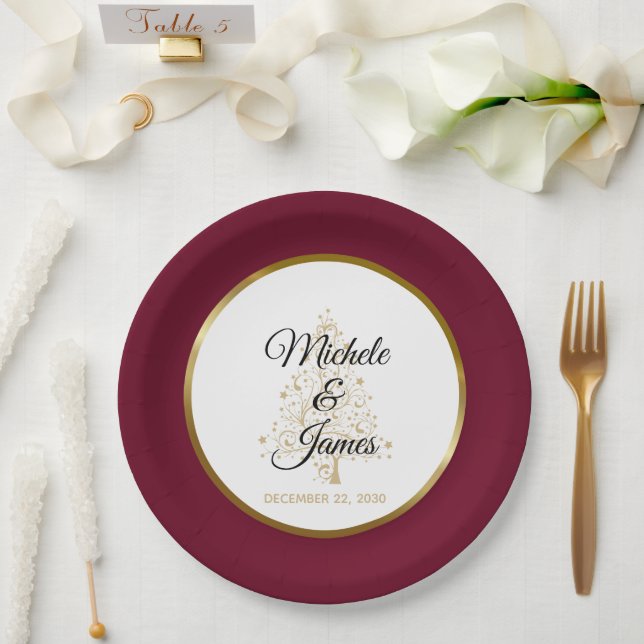 Elegant Burgundy Gold Winter Holiday Wedding Paper Plate (Wedding)