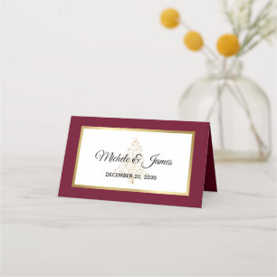 Elegant Burgundy Gold Winter Holiday Wedding Place Card