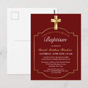 Elegant Burgundy Golden Cross Boys Baptism Invita Postcard