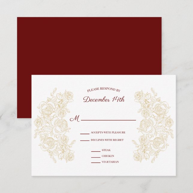 Elegant Burgundy & Golden Roses RSVP Card (Front/Back)
