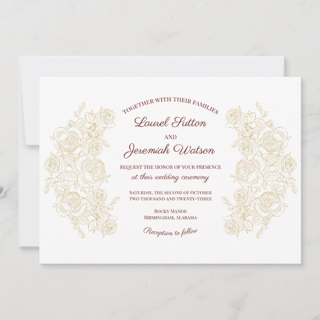 Elegant Burgundy & Golden Roses Wedding Invitation