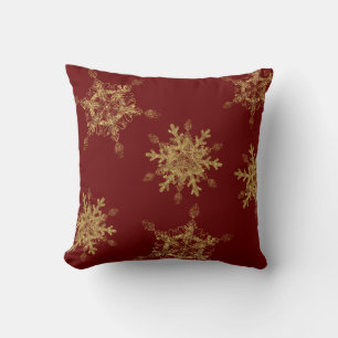 Elegant Burgundy Golden Snow Flakes Throw Pillow
