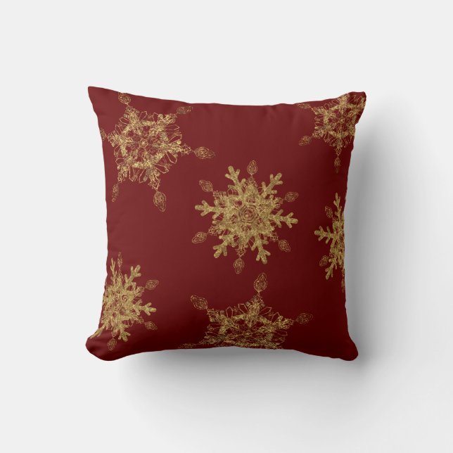 Elegant Burgundy Golden Snow Flakes   Throw Pillow (Front)