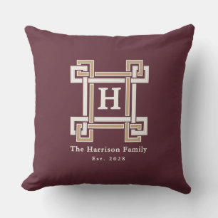 Elegant Burgundy Greek Key Monogram Custom Outdoor Pillow