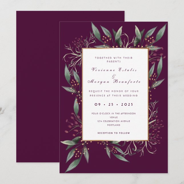 Elegant burgundy green leaf gold wedding invitation (Front/Back)