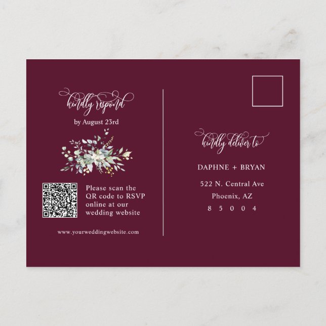 Elegant Burgundy Green Leaves QR Code Address RSVP Postcard (Back)