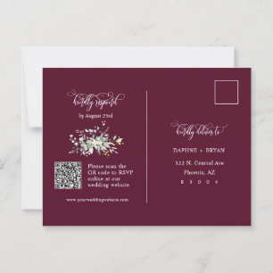 Elegant Burgundy Green Leaves QR Code Address RSVP Postcard