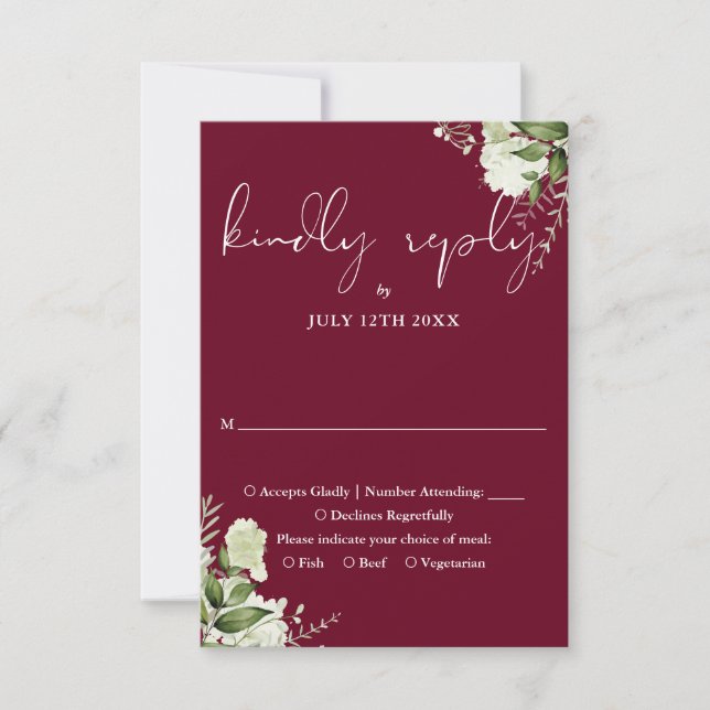 Elegant Burgundy Greenery Floral Wedding RSVP Card (Front)