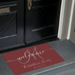 Elegant Burgundy Grey Monogram Script Name Wedding Doormat<br><div class="desc">Personalized burgundy and grey monogram design with bride and groom last name and wedding date on a solid colour background. Makes a unique and great gift for newlyweds. Great for new house together. Customize with your name, monogram initial and wedding date and colours to match your house colours. Elke Clarke©...</div>