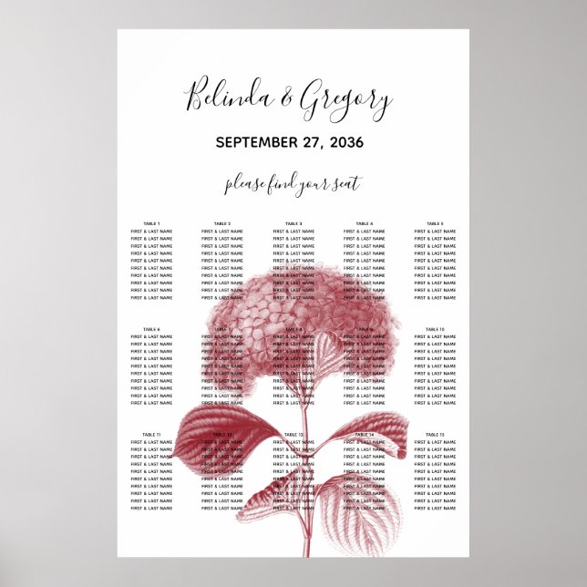 Elegant Burgundy Hydrangea Wedding Seating Chart (Front)