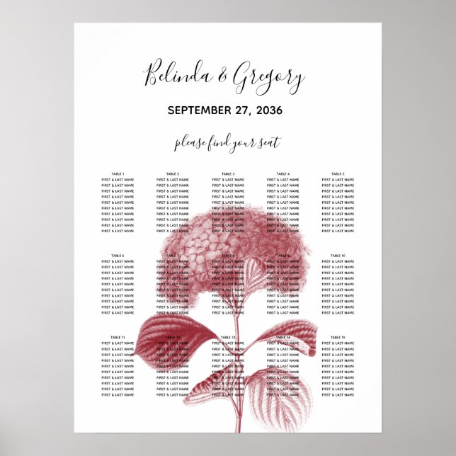 Elegant Burgundy Hydrangea Wedding Seating Chart (Front)