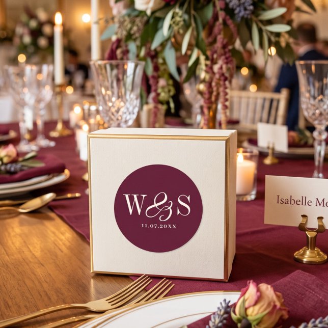 Elegant burgundy initial wedding couples classic round sticker (Creator Uploaded)