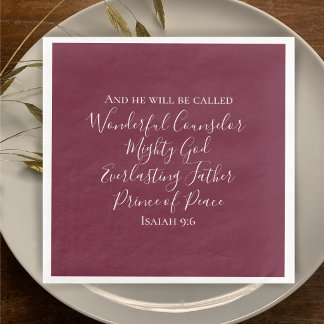 Elegant Burgundy Isaiah 9:6 Scripture Christmas Napkin