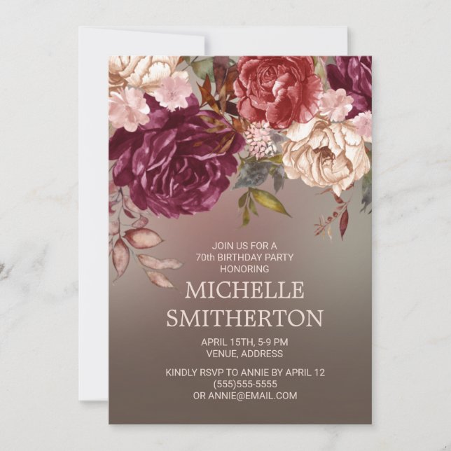 Elegant Burgundy Ivory Brown 70th Birthday Invitation (Front)