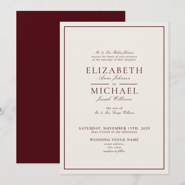 Elegant Burgundy Ivory Classic Script Wedding Invitation (Front/Back)