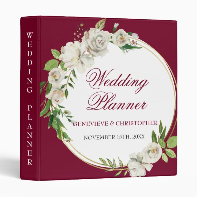 Elegant Burgundy Ivory Floral Wedding Planner Binder (Front/Spine)